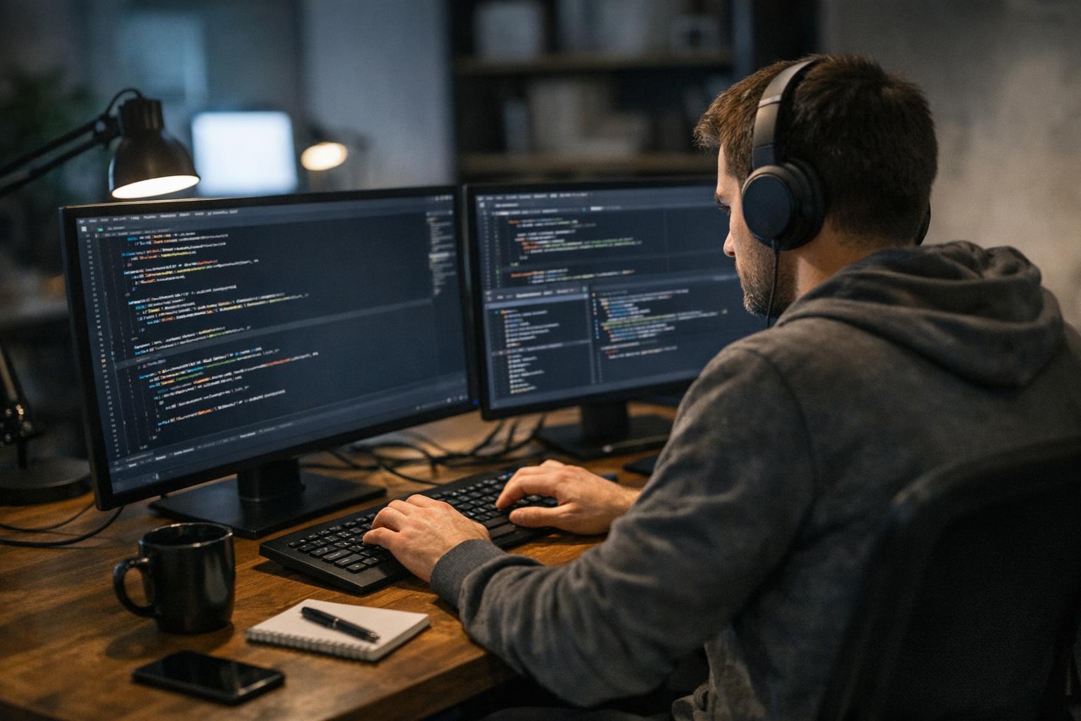 opis zdjęcia: programista pracujący nad kodem na ekranie komputera